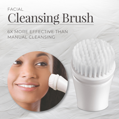 Facial cleansing brush with a woman using it and text highlighting its effectiveness.