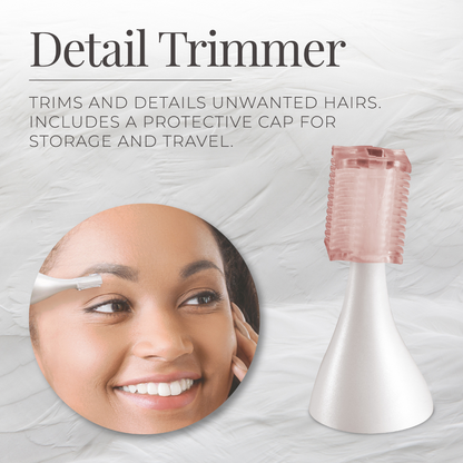 EP7070 Ultimate Facial Epilator Spa Kit Detail Trimmer with a woman's face showing hair removal, on a light gray background.