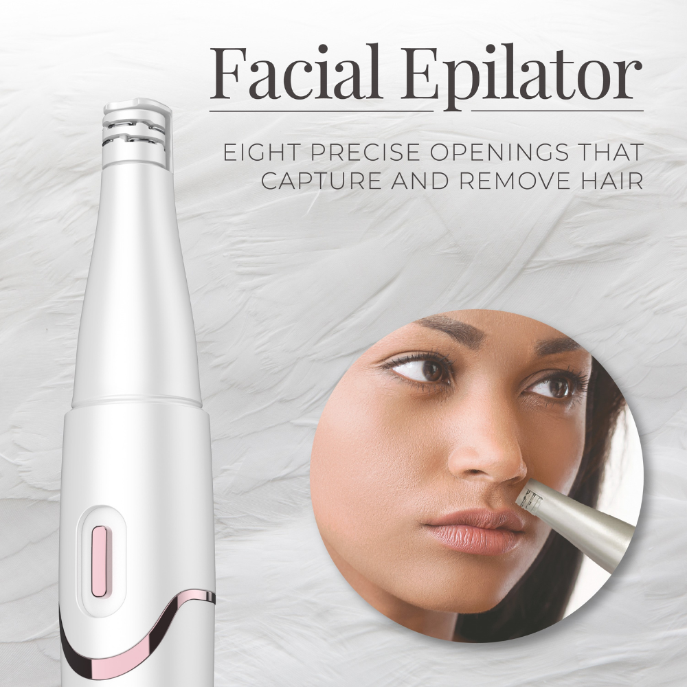 Facial epilator with a close-up of a woman using it on her face, set against a textured gray background.