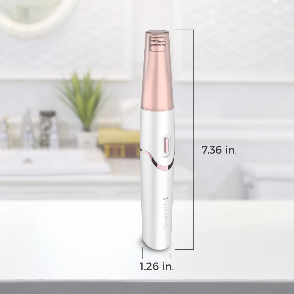 EP7070 Ultimate Facial Epilator Spa Kit with measurements on a blurred bathroom background