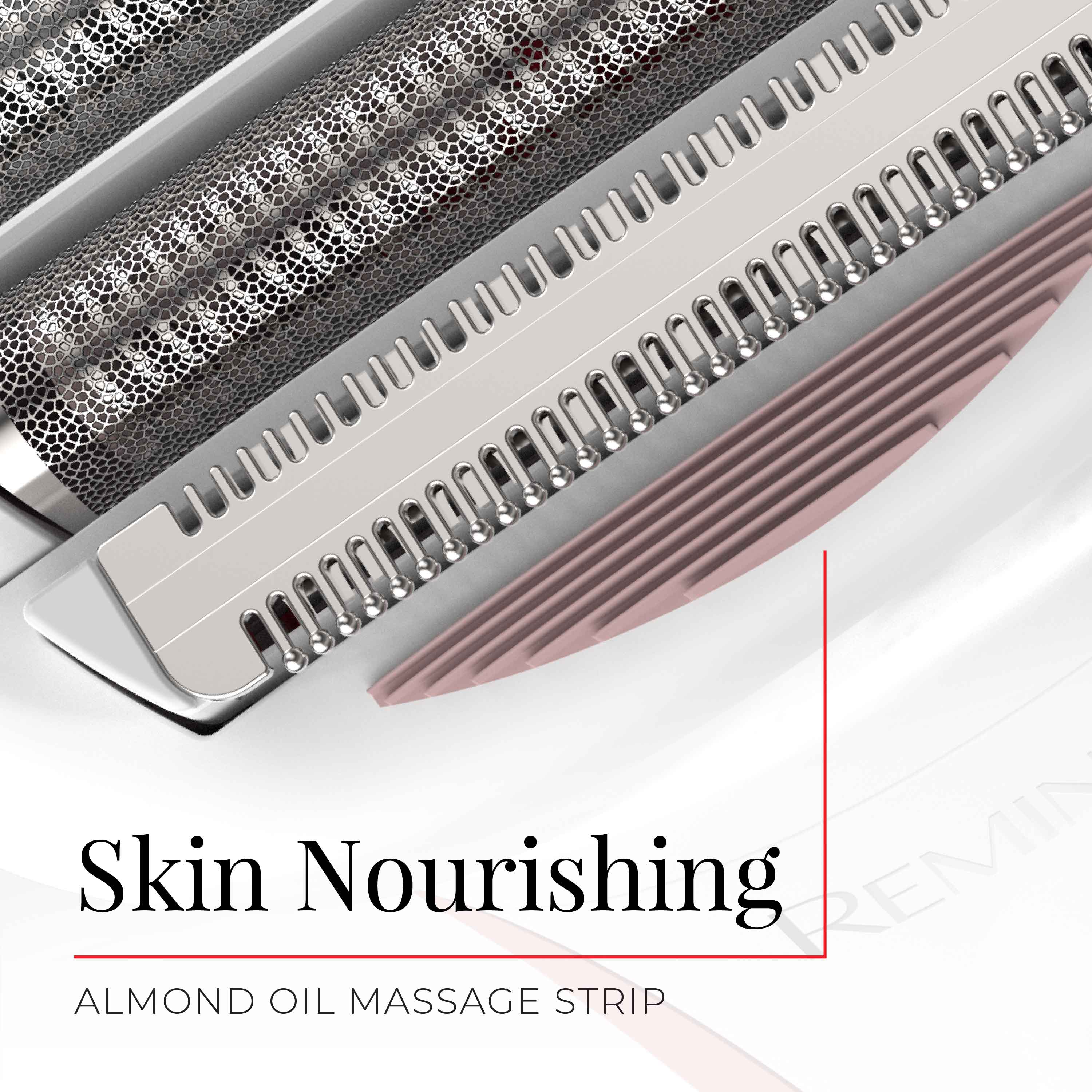 Almond oil massage strip with textured roller and pink strip on a white background