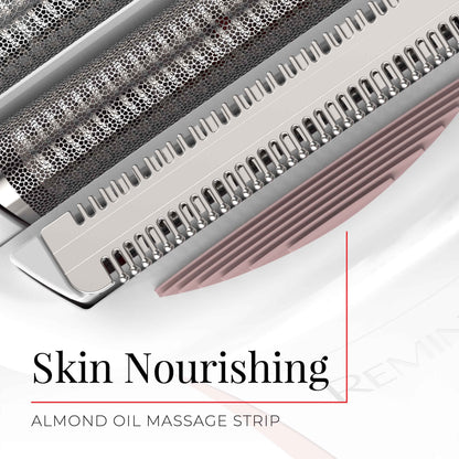 Almond oil massage strip with textured roller and pink strip on a white background