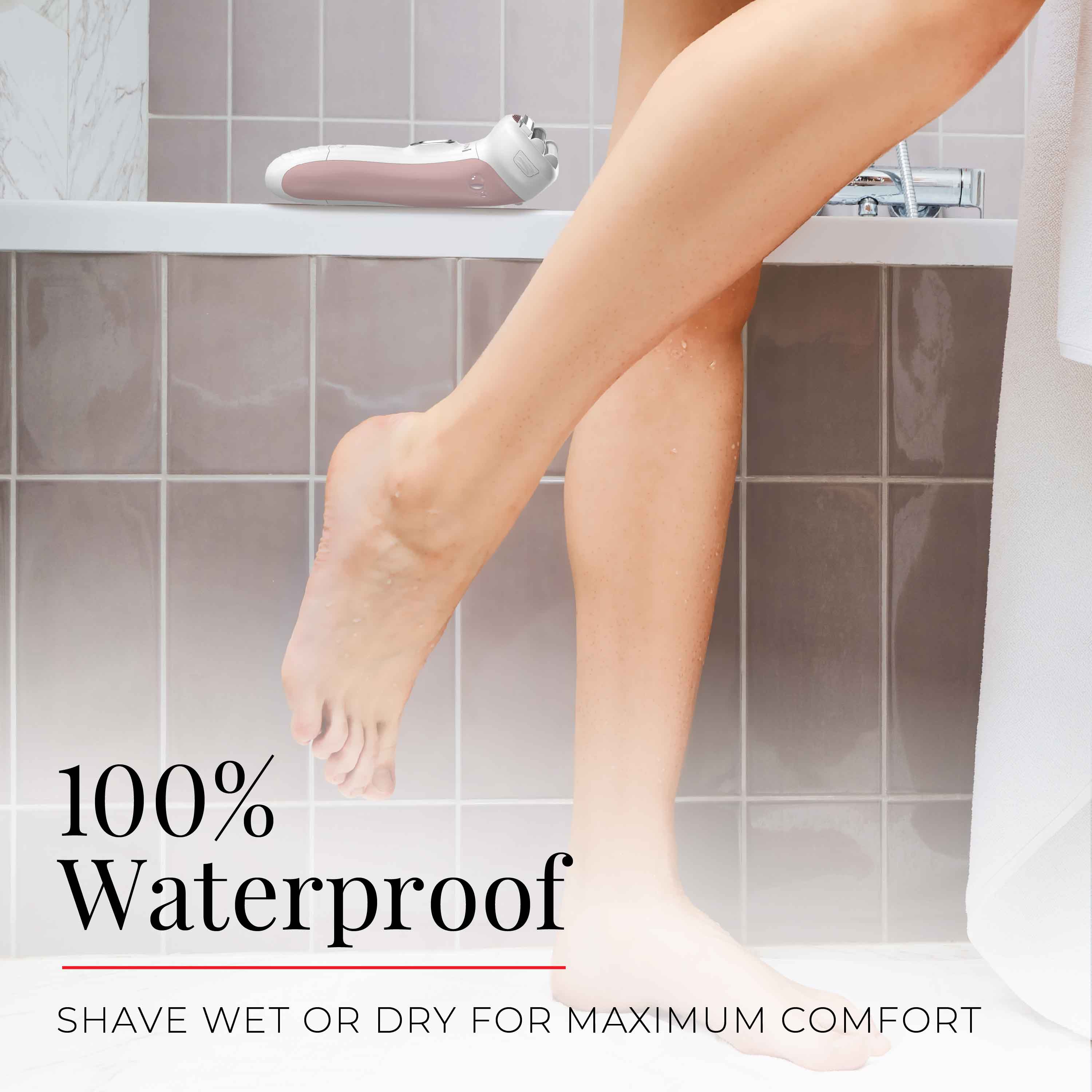 Person standing on a bathtub with legs shown, text indicating 100% waterproof feature.