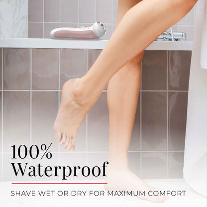 Person standing on a bathtub with legs shown, text indicating 100% waterproof feature.