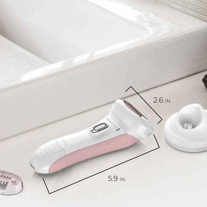 WDF5035 White and pink electric shaver on a bathroom counter with measurements shown.