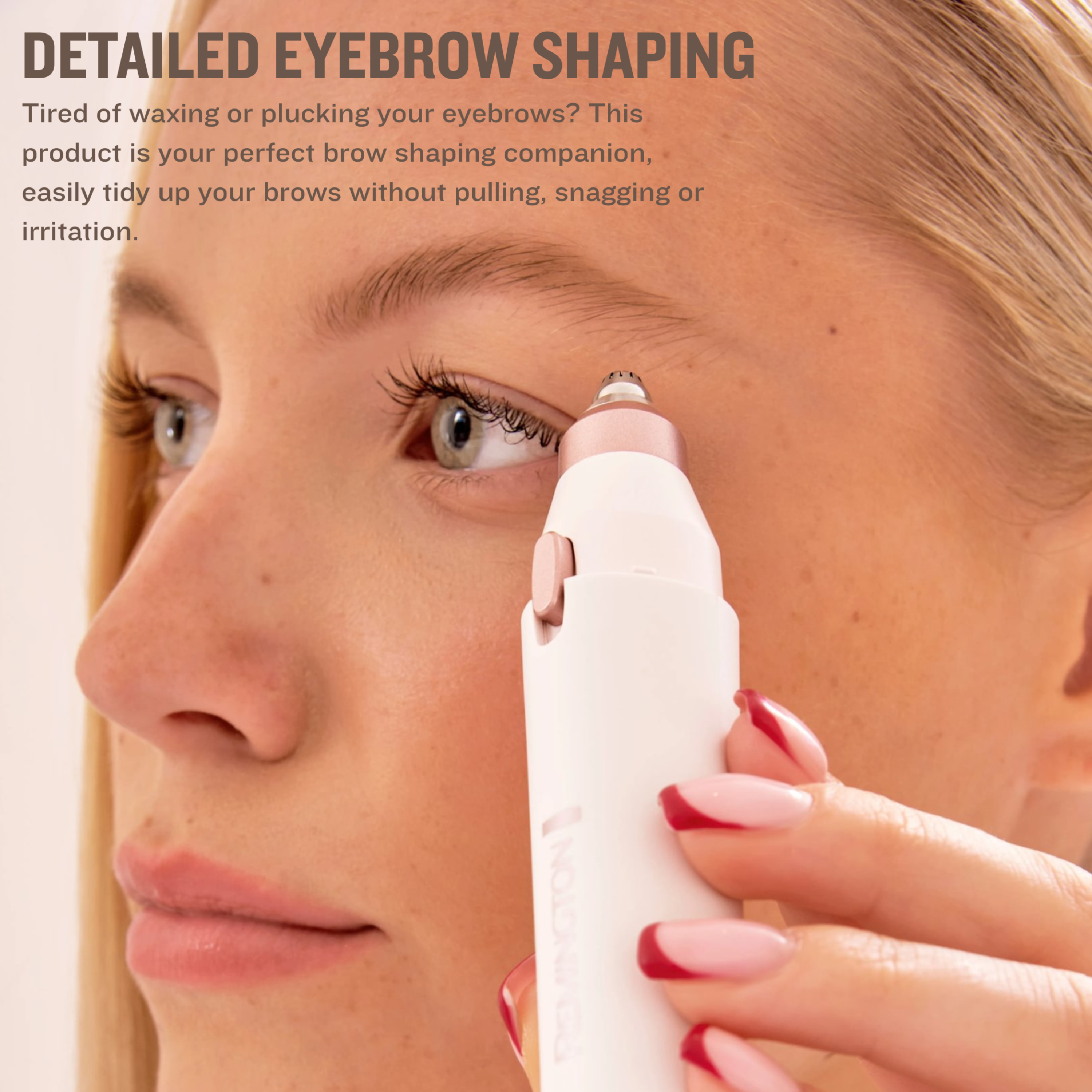 Model shaping eyebrows with the Remington Bare Me Facial Shaver's eyebrow attachment