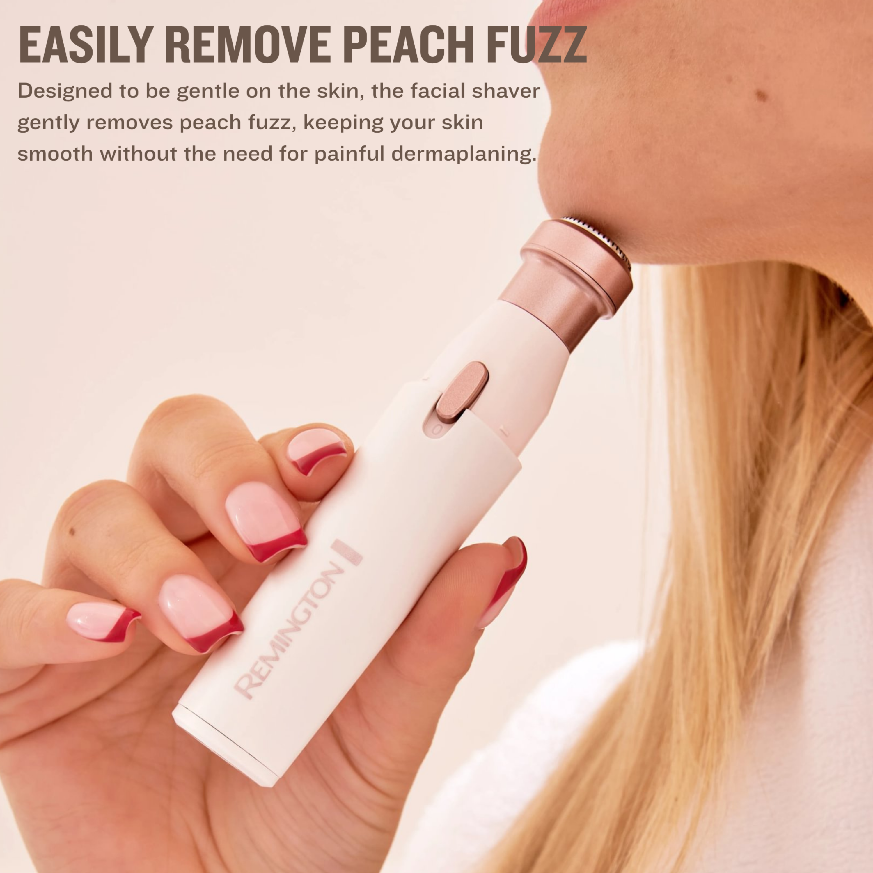 Model shaving chin with a Remington Bare Me 2in1 Facial Shaver