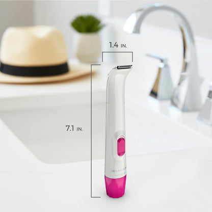 WPG4020FCDN White and pink hair removal device with measurements on a bathroom counter.