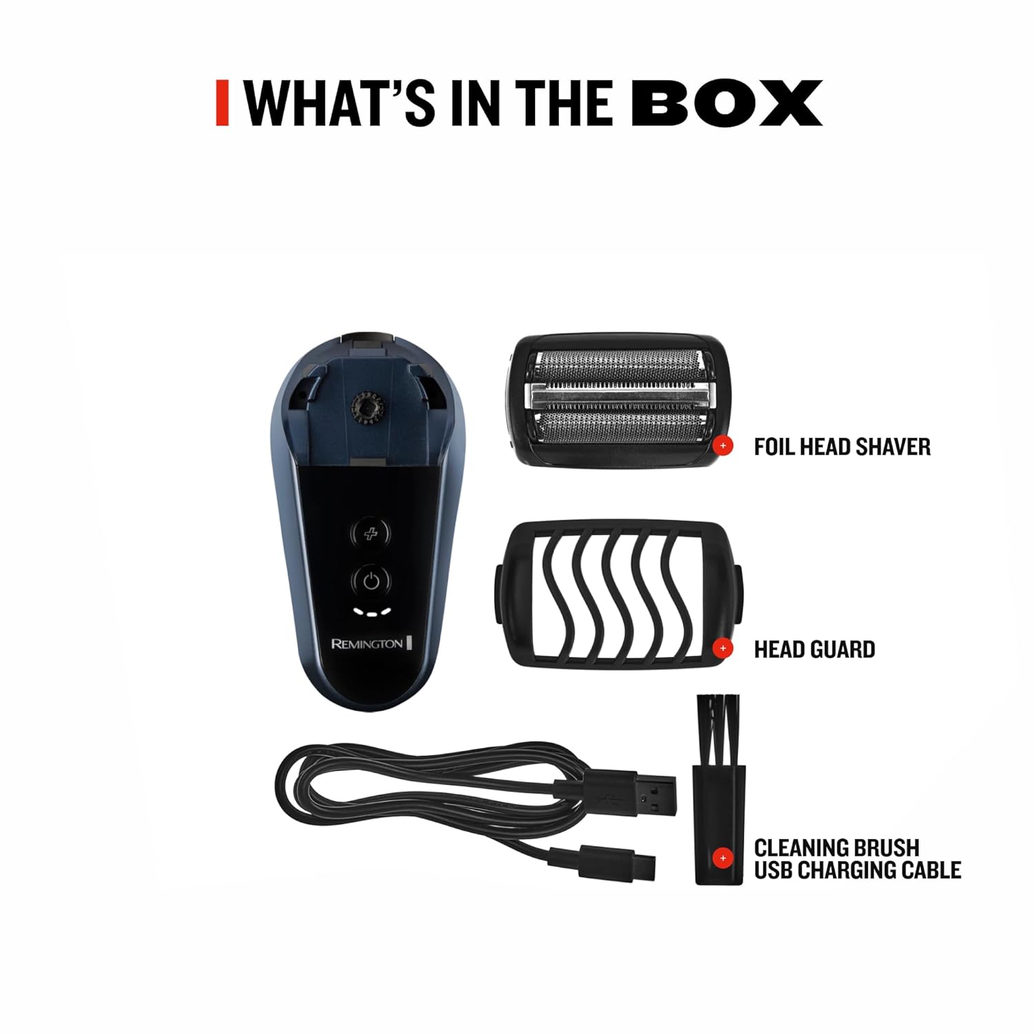 Razorsmith shaver set with foil head, head guard, cleaning brush, and USB charging cable on a white background.