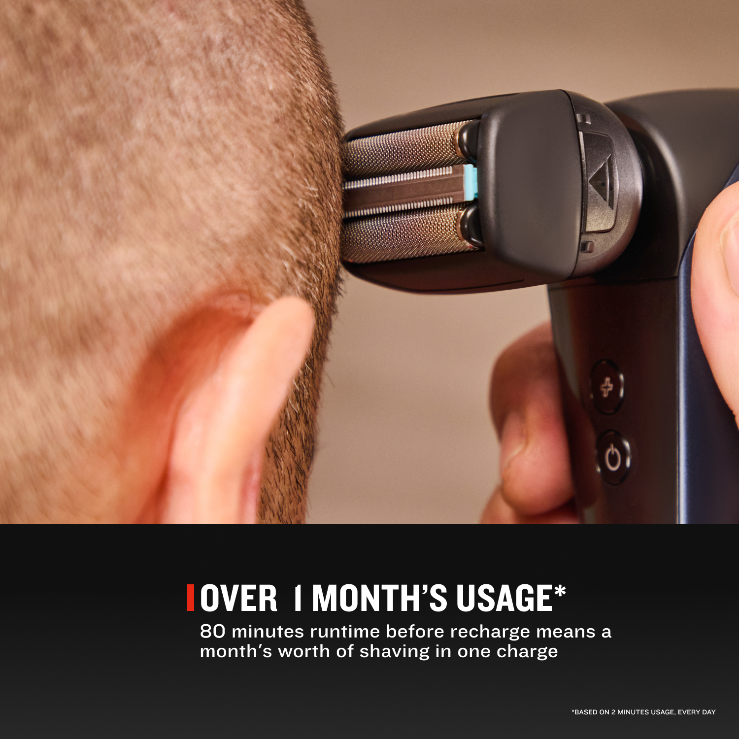 Person using an electric shaver with text about battery life.