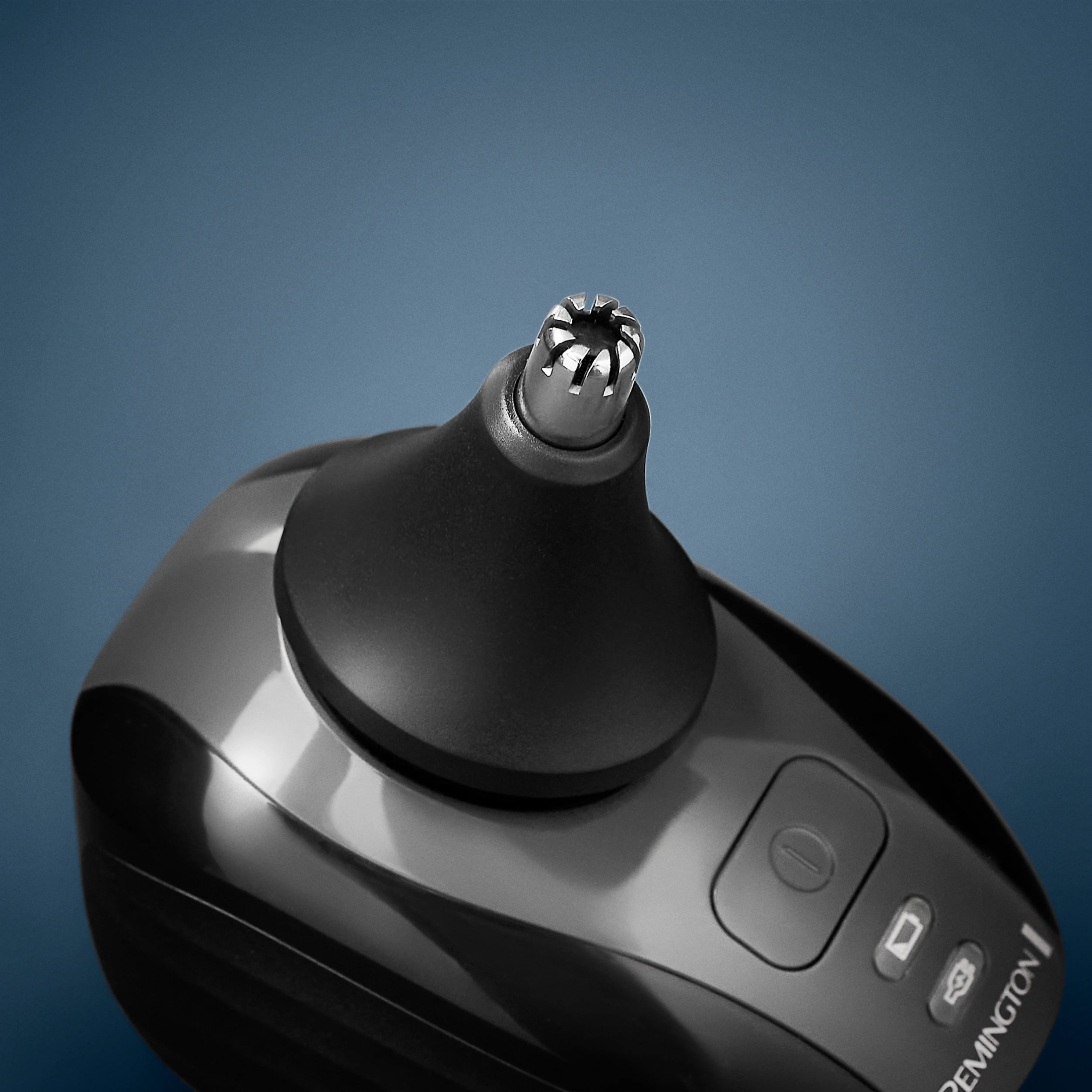 Black electronic device with a nozzle on a blue gradient background