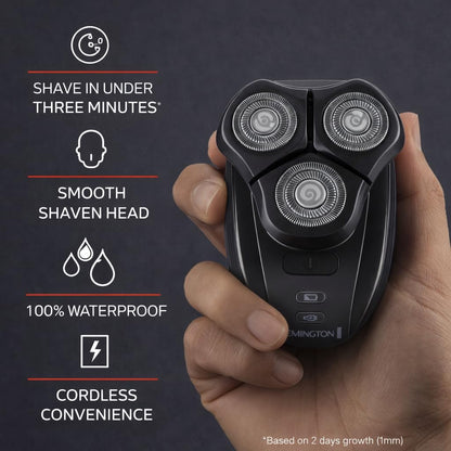 Remington electric shaver held in a hand with features listed on a dark background