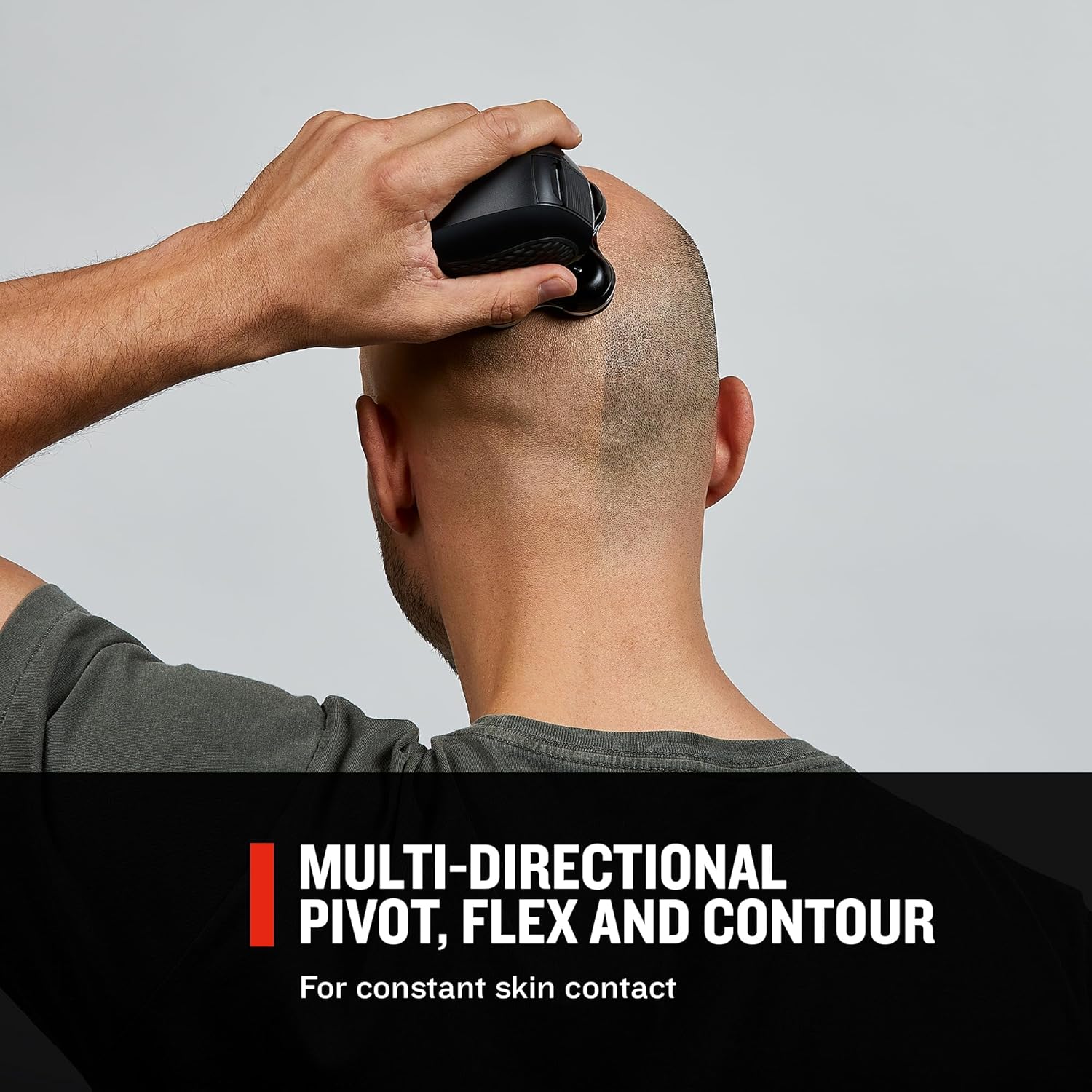 Person using a hair removal device on their head with text about multi-directional pivot, flex, and contour.