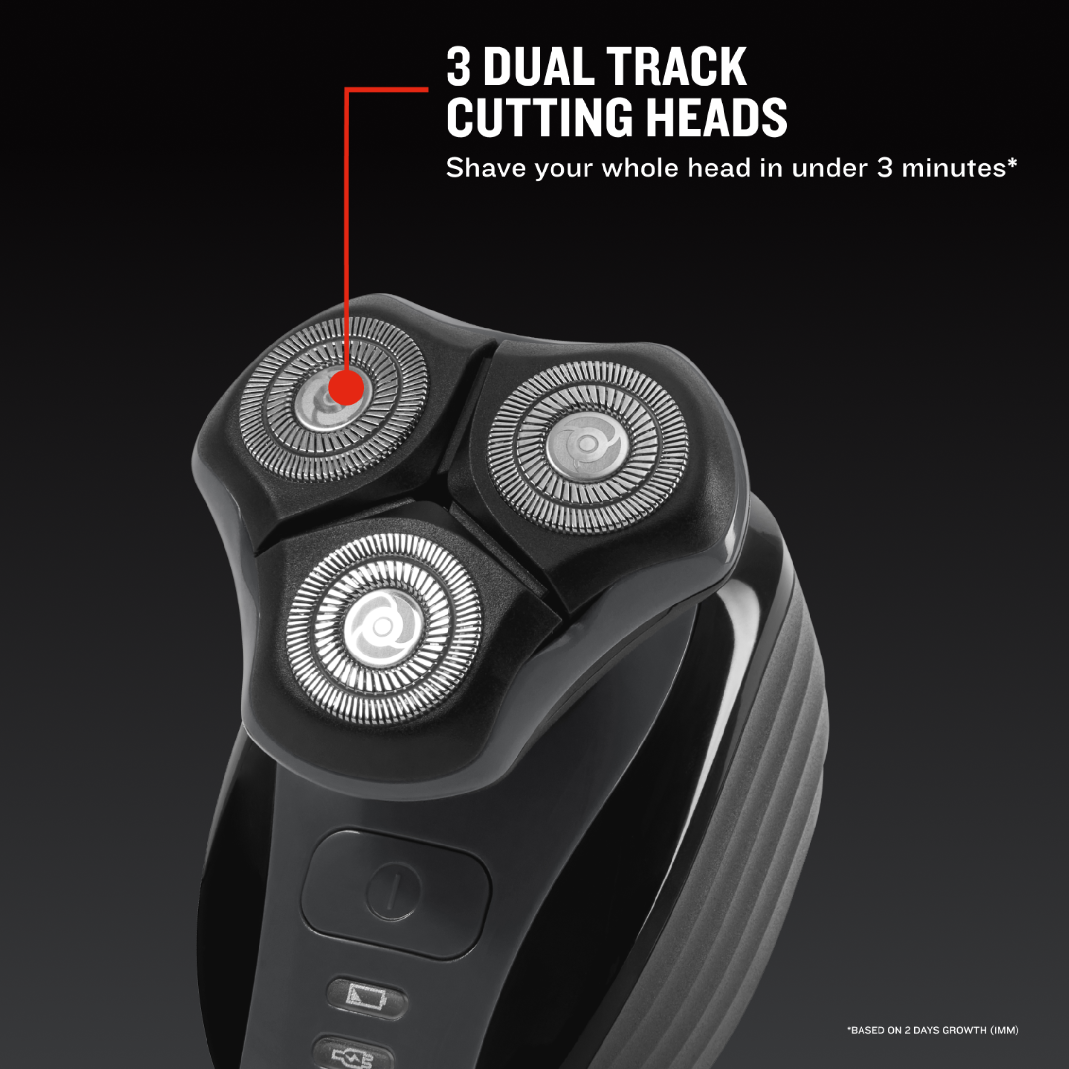 Black electric shaver with three dual track cutting heads on a black background