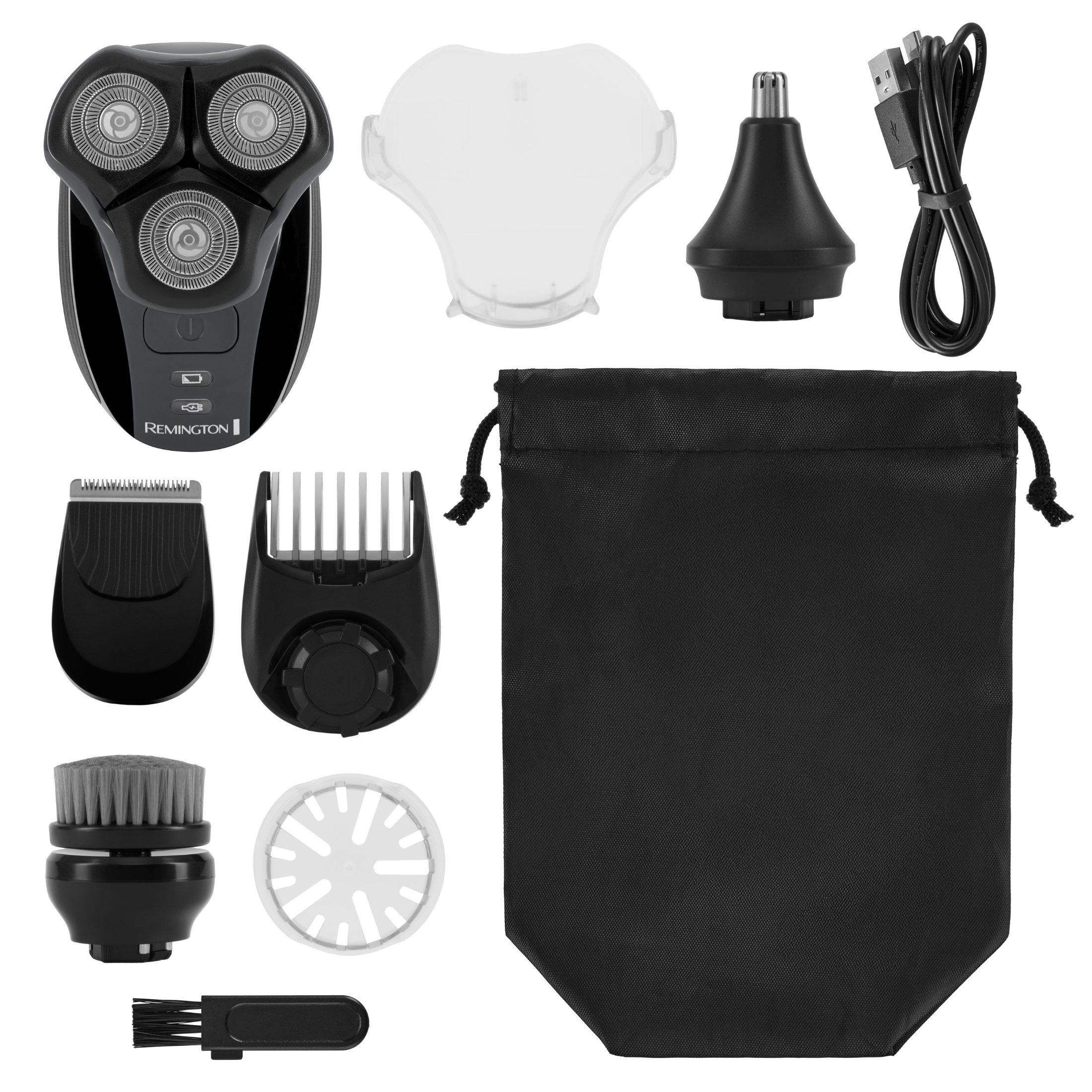 Remington shaving system with multiple attachments and accessories on a white background