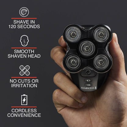 Hand holding a black electric shaver with features listed on a dark background