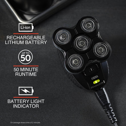 Electric shaver with charging cable on a dark background, featuring battery information text.