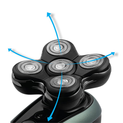 Close-up of a shaver head with four circular blades on a white background