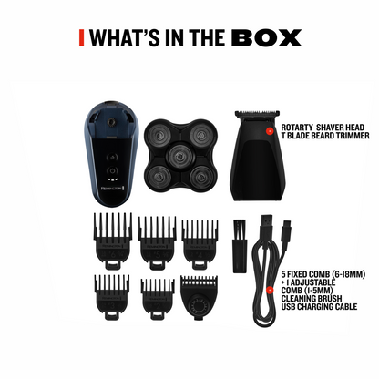 Barber shop kit with rotary shaver head, blade, beard trimmer, and accessories on a white background.