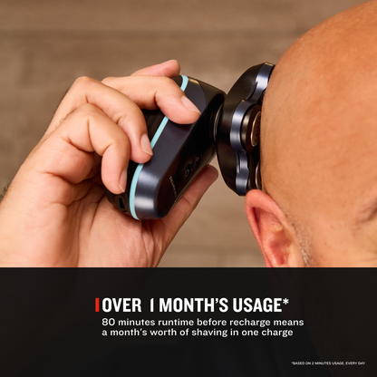 Person using a electric shaver with text about usage duration.