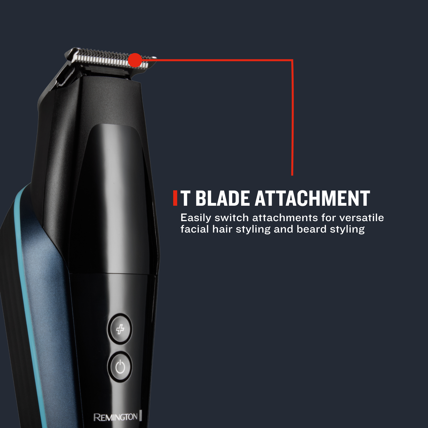 Remington hair trimmer with IT blade attachment feature on a dark background