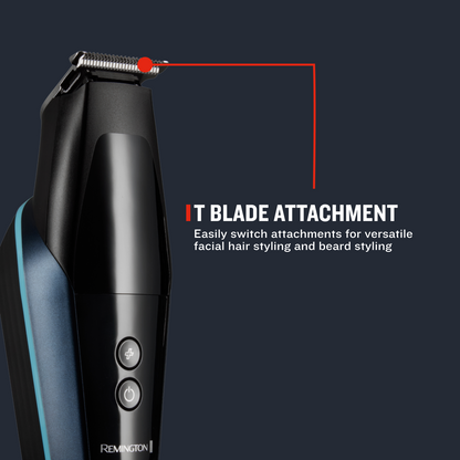 Remington hair trimmer with IT blade attachment feature on a dark background