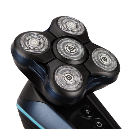Close-up of a black electric shaver with multiple heads on a white background