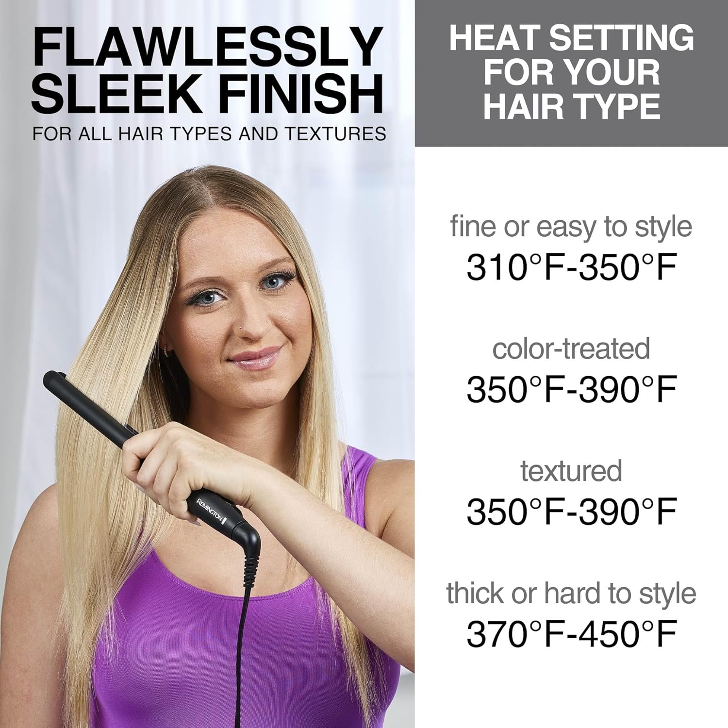 Woman using a hair straightener with heat setting instructions on a gray background