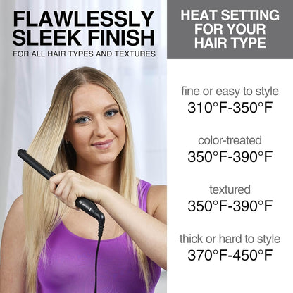 Woman using a hair straightener with heat setting instructions on a gray background