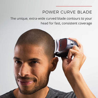 Man using a hair grooming tool with text about the 'Power Curve Blade' on a gray background
