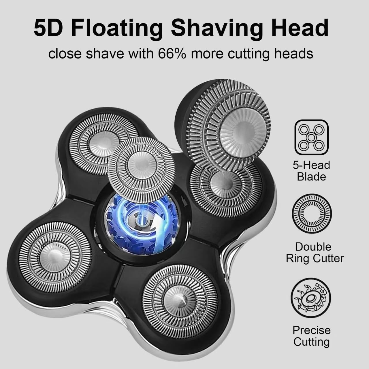 5D Floating Shaving Head with text on a gray background