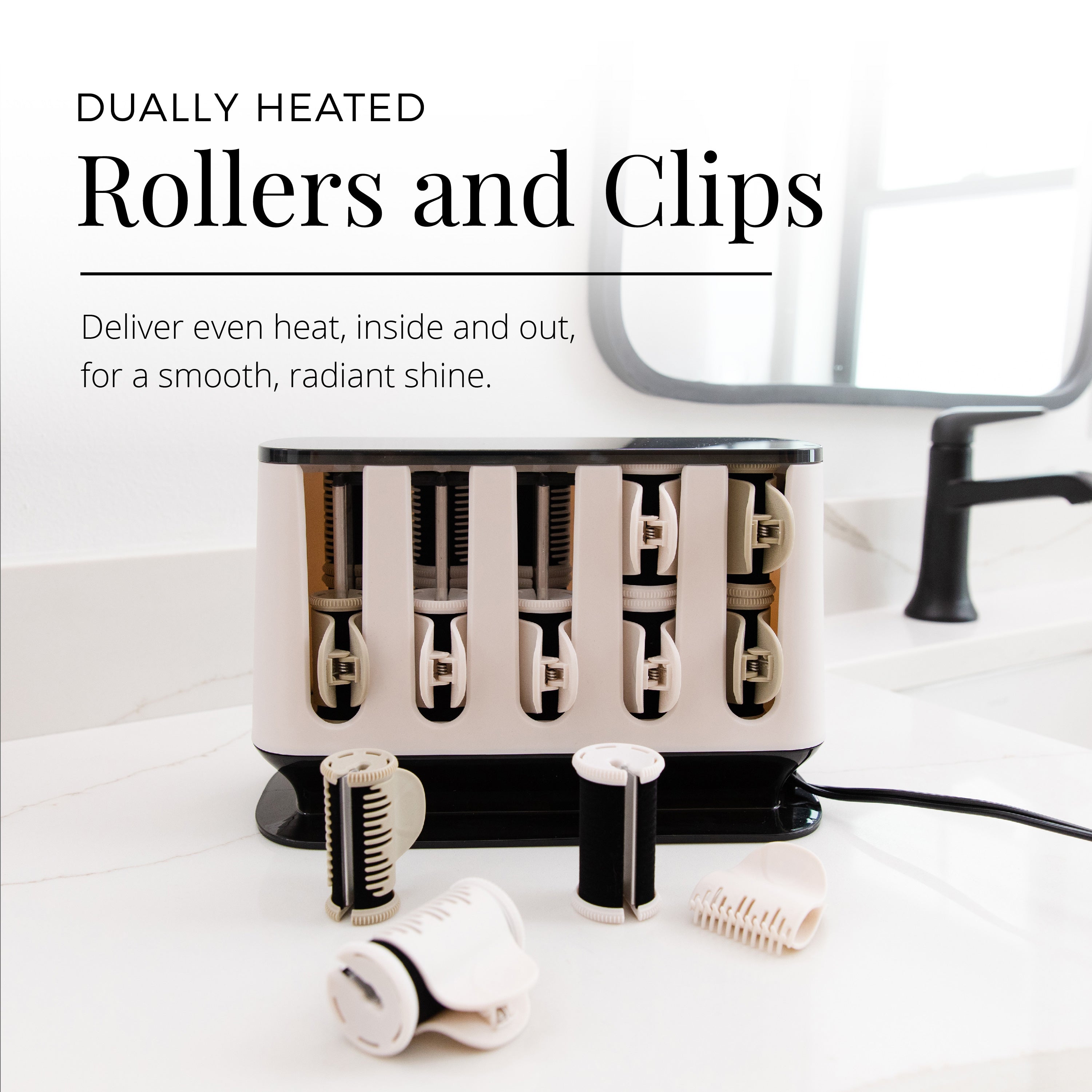 Dually heated rollers and clips with text on a white background