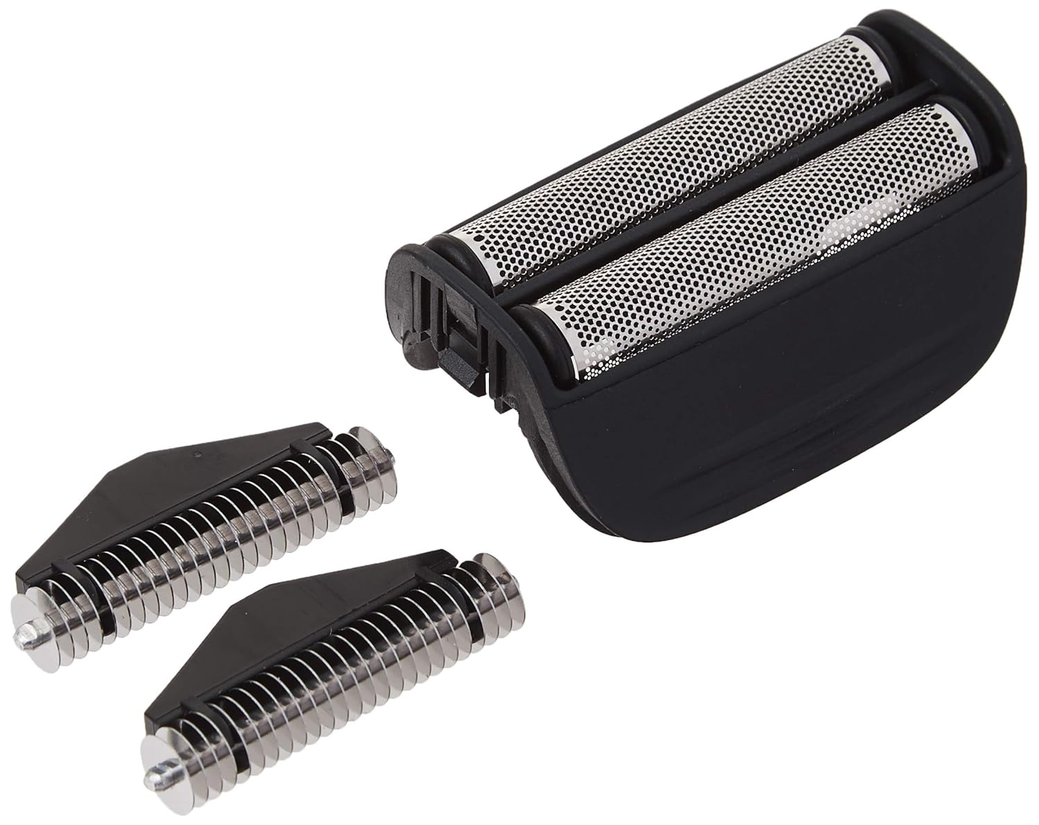 Shaver heads and a black housing on a white background