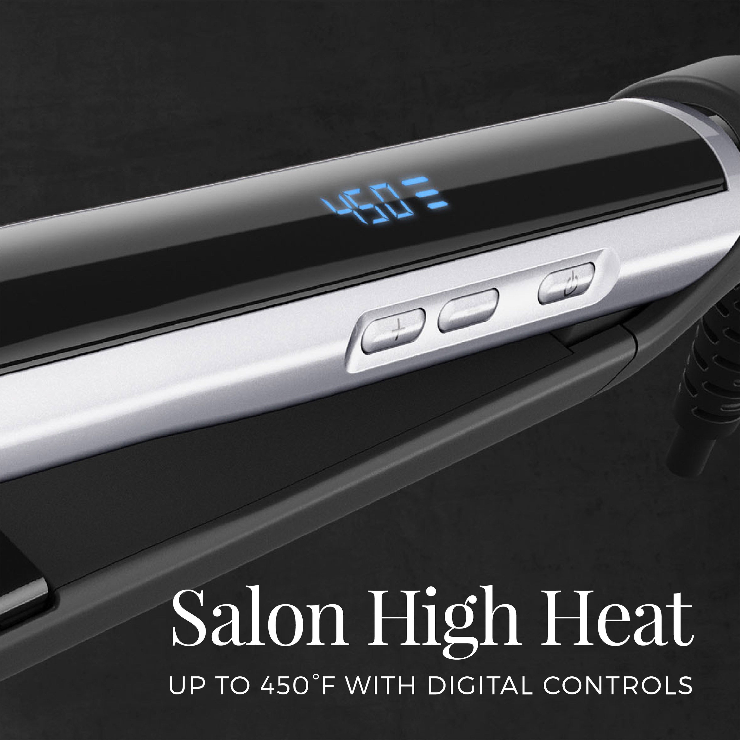 Hair straightener with digital temperature display on a black background