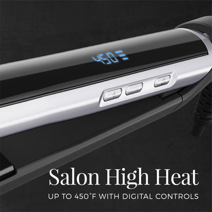 Hair straightener with digital temperature display on a black background