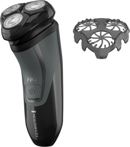Black electric shaver with additional head on a white background