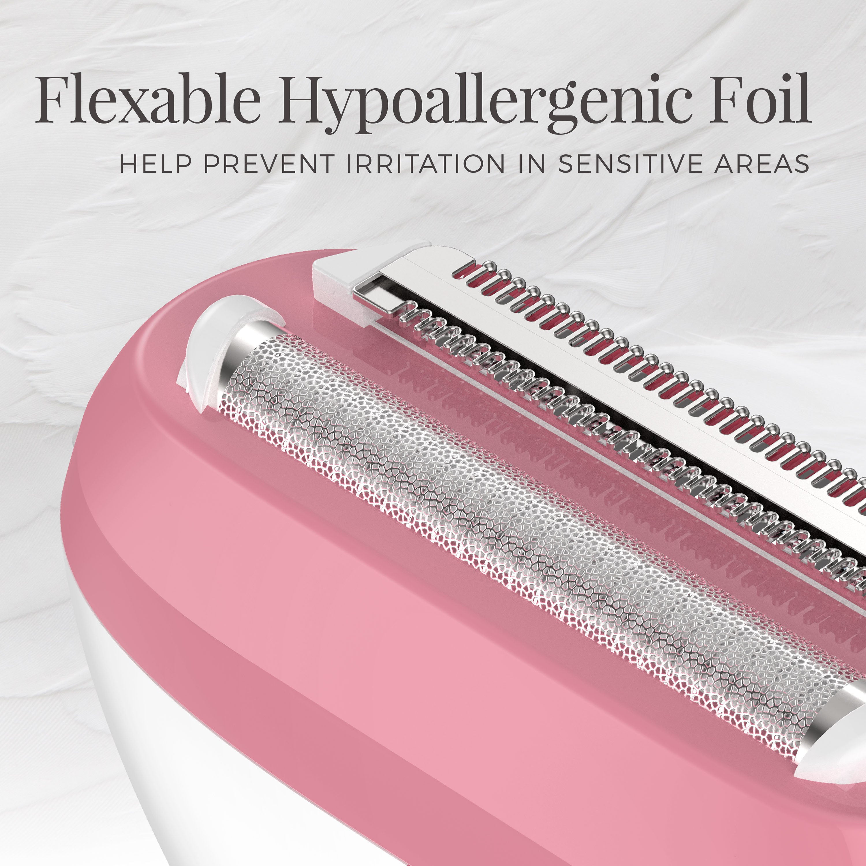 Pink lint roller with text about flexible hypoallergenic foil on a light background