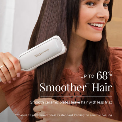 Woman using a hair straightening device on her hair with promotional text about smoother hair.