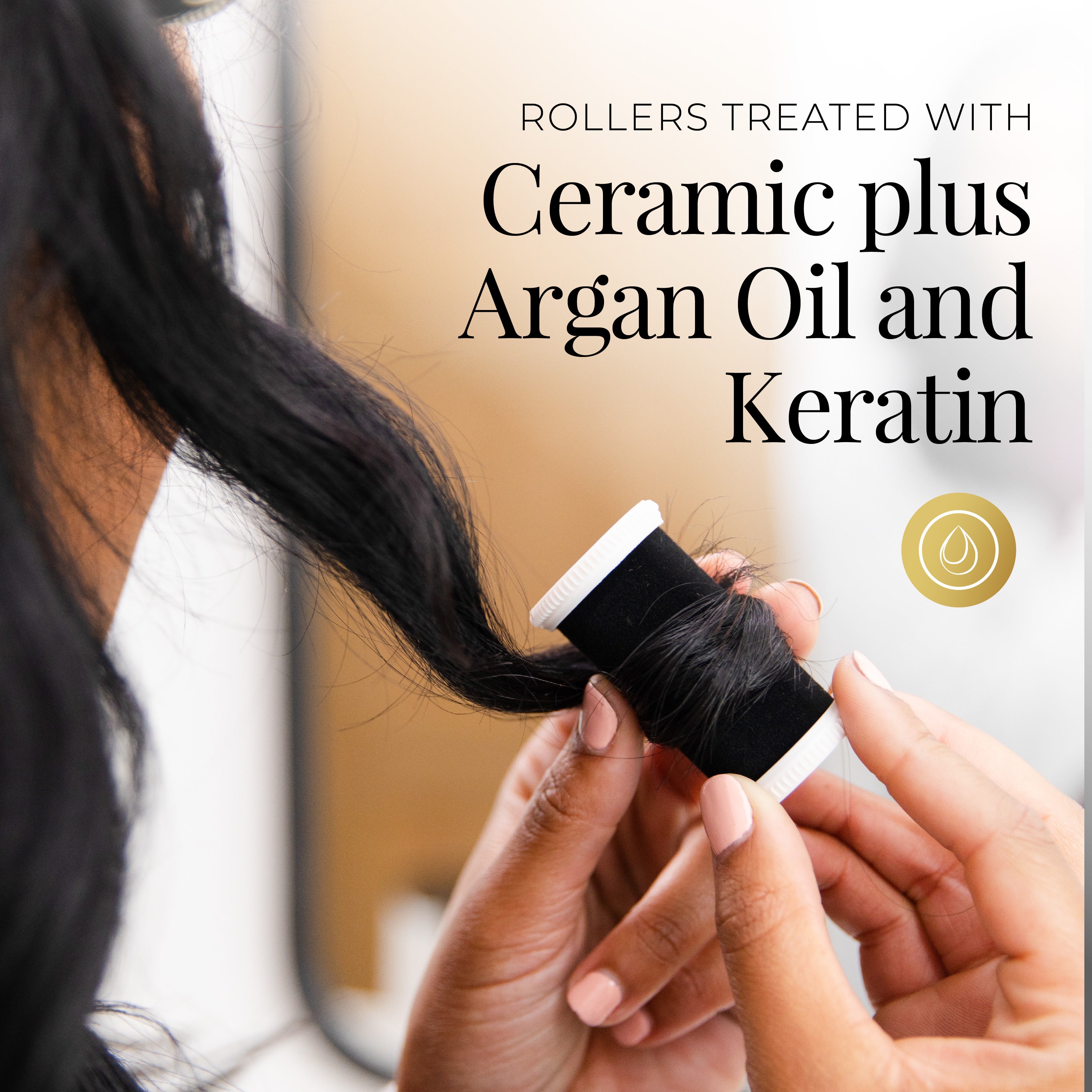 Person holding hair rollers with text about ceramic, argan oil, and keratin treatment.