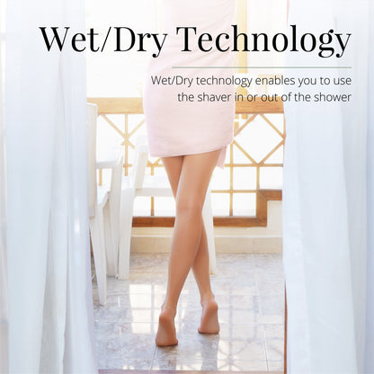 Person using a shaver with text about Wet/Dry Technology in a bathroom setting.