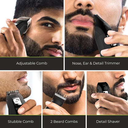Collage of a man using a beard trimmer with various attachments on his face.