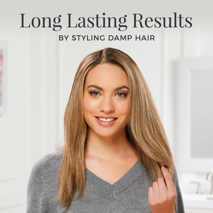 Woman with styled hair, text 'Long Lasting Results by Styling Damp Hair' on a white background