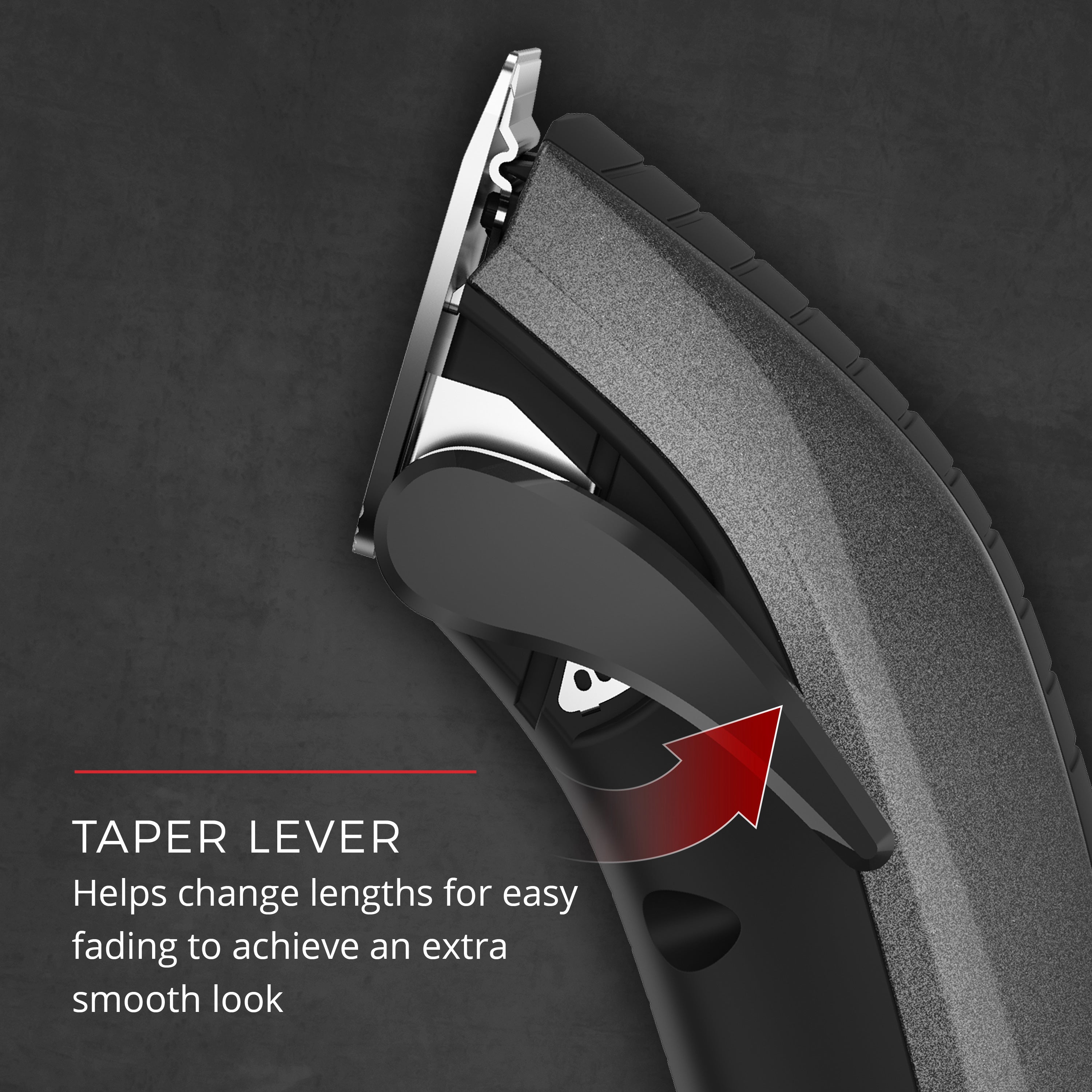 Hair trimmer with a taper lever on a dark background