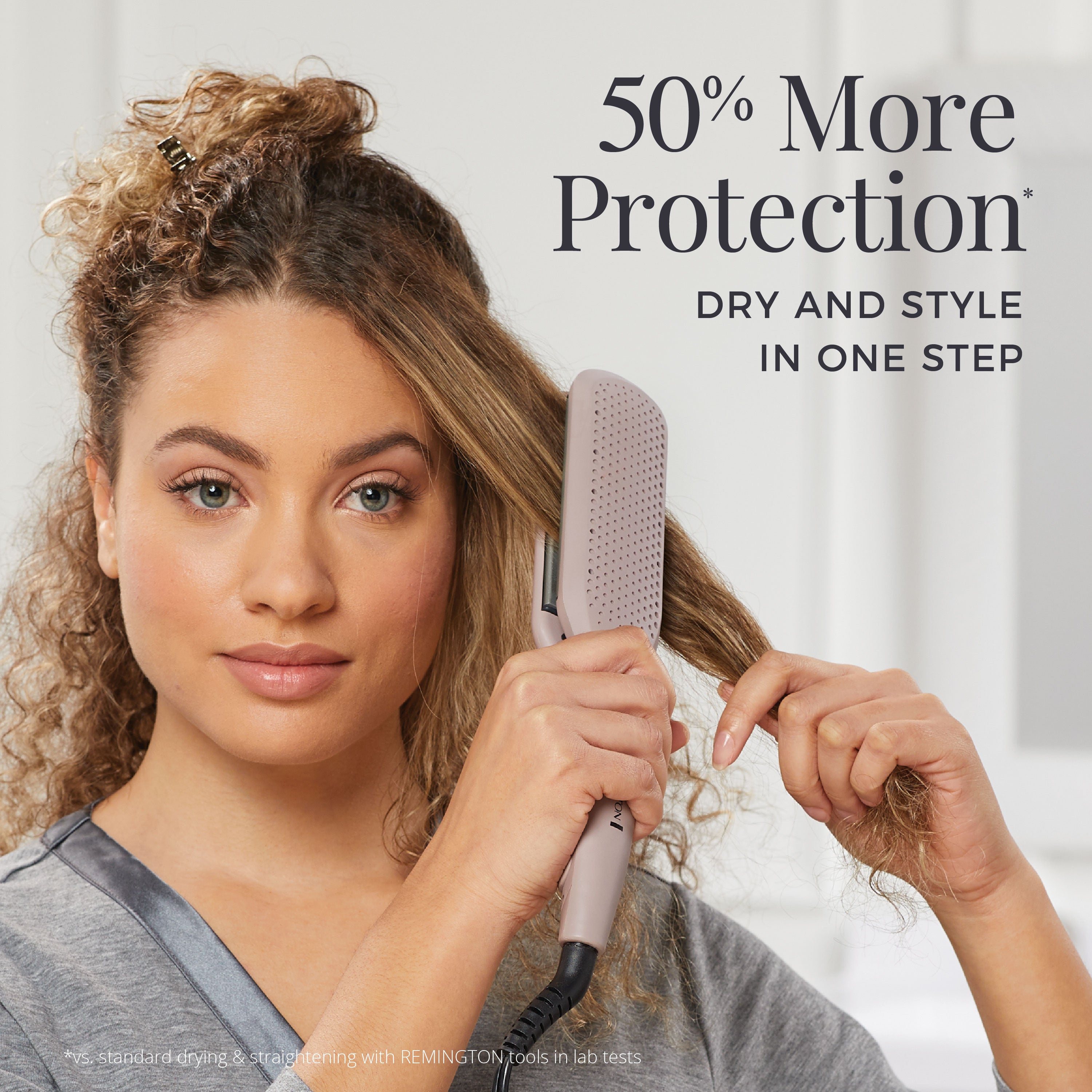 Woman using a hair straightener with text '50% More Protection' on a neutral background