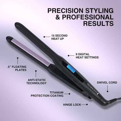 Hair straightener with features highlighted on a light purple background