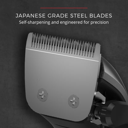 Hair clipper blade with Japanese grade steel blades on a dark background