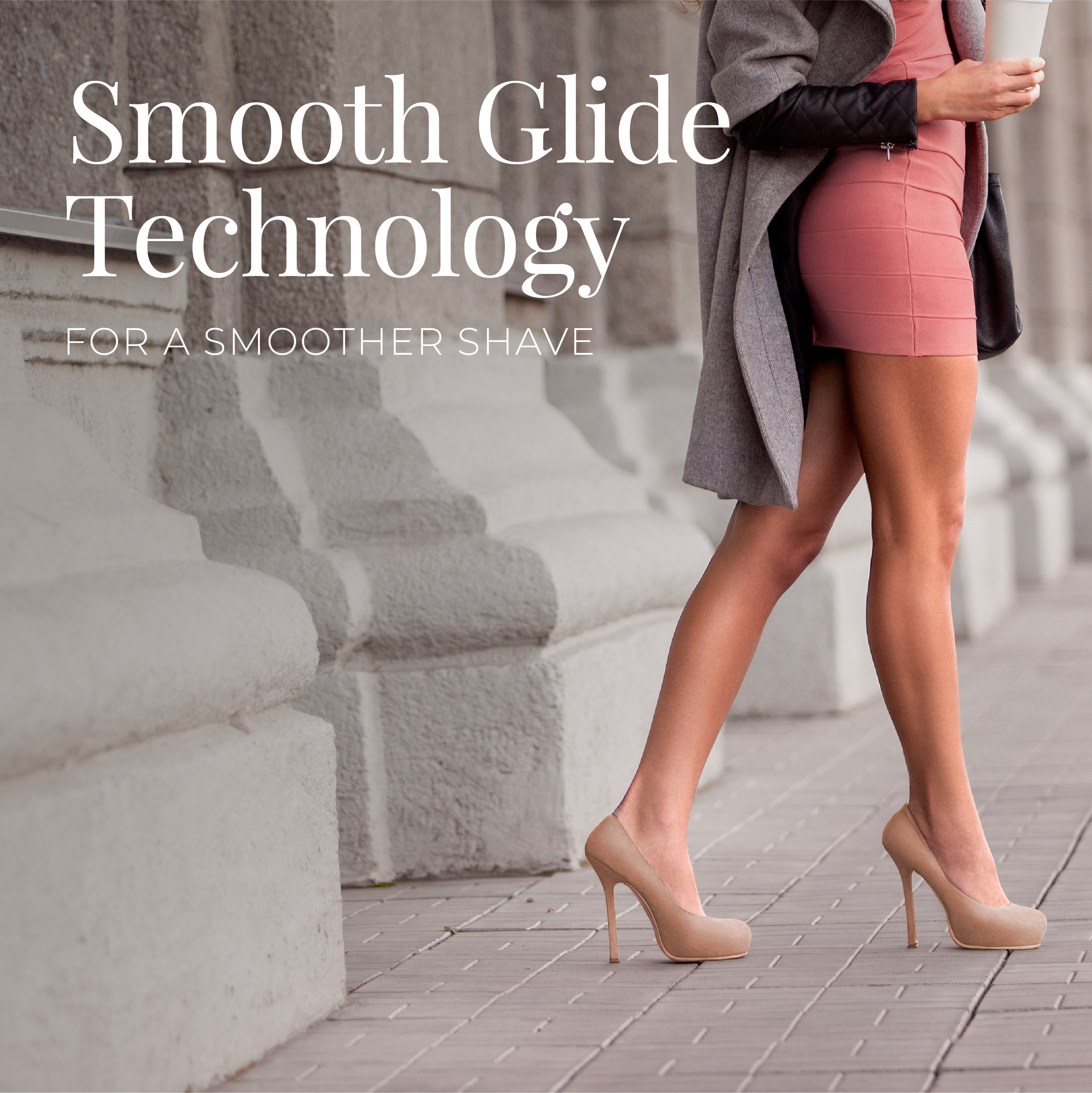 Woman walking outdoors with text about smooth glide technology for a smoother shave.