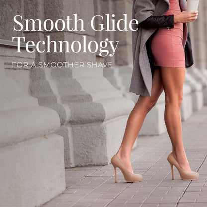 Woman walking outdoors with text about smooth glide technology for a smoother shave.