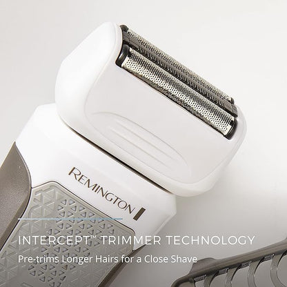 Remington electric shaver with 'Intercept Trimmer Technology' on a light gray background