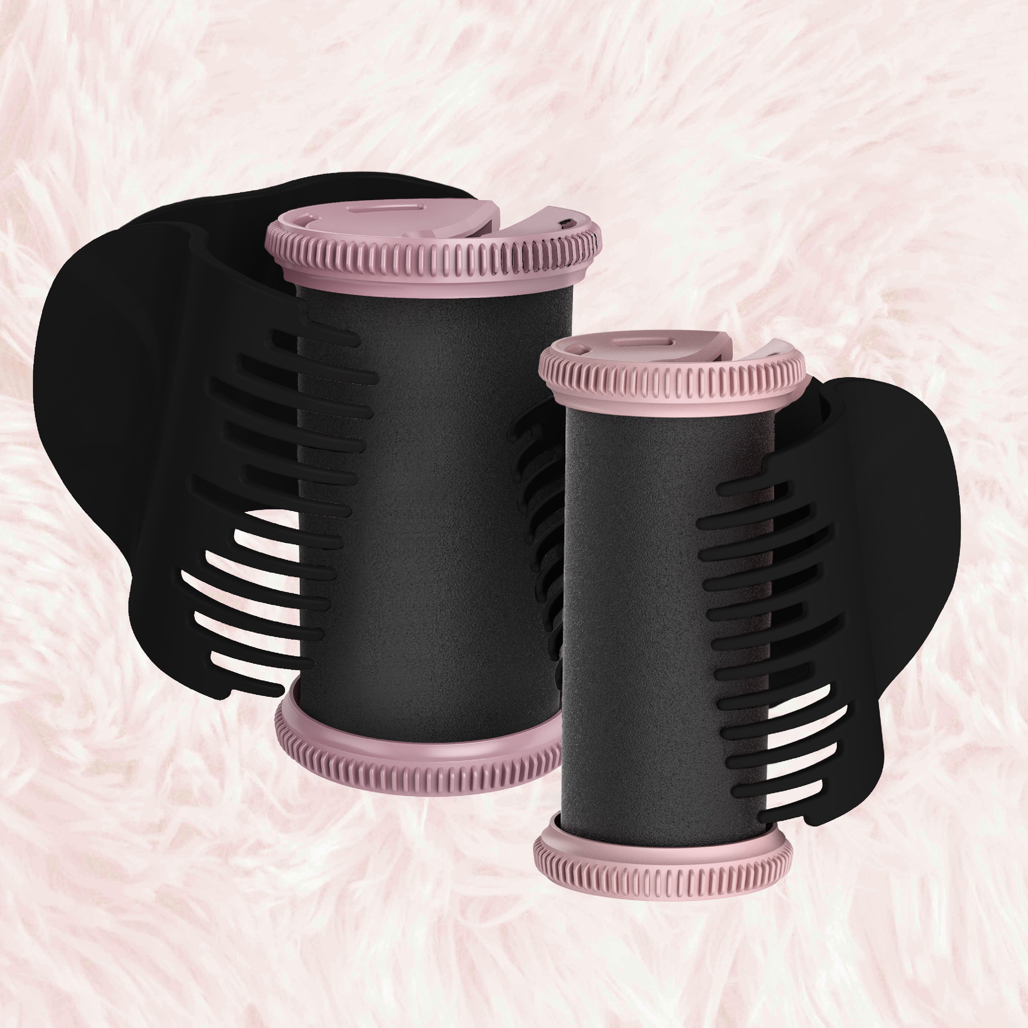 Two black hair roller sets with pink caps on a pink textured background